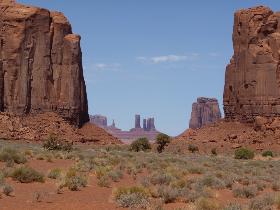 A picture of spires and buttes in Monument Valley