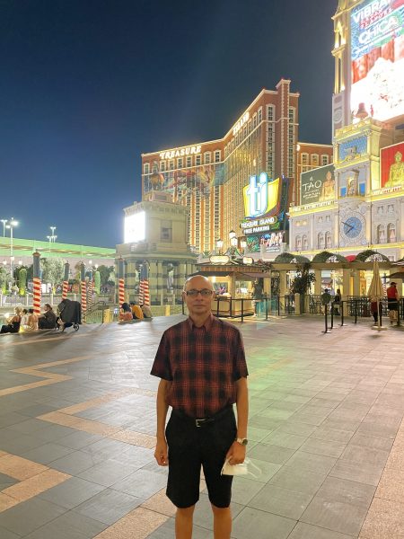 In Las Vegas. Treasure Island is in the background.