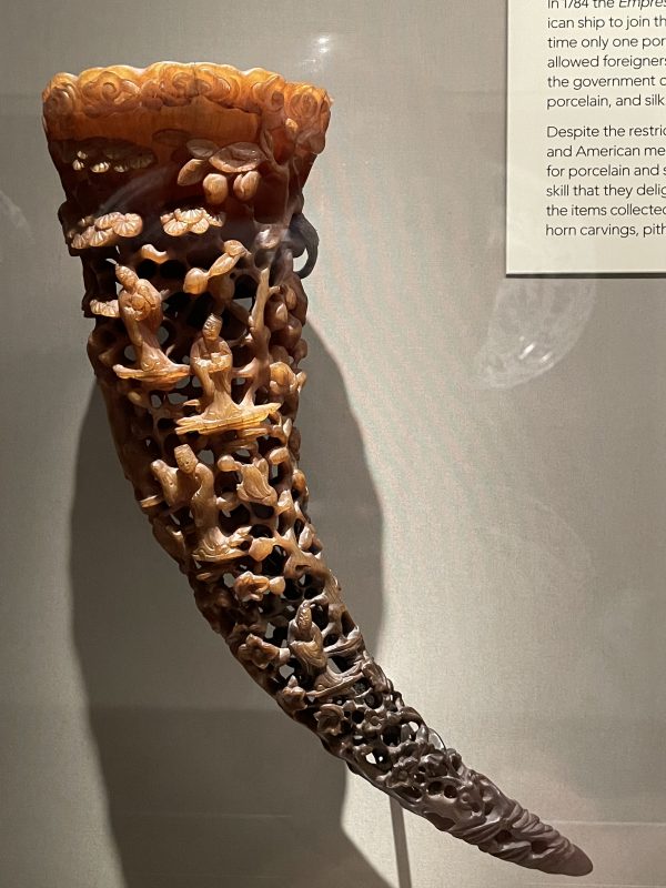 An intricately carved rhinoceros horn, China.