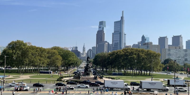 The Eakins Oval and downtown Philadelphia. From the Museum steps.
