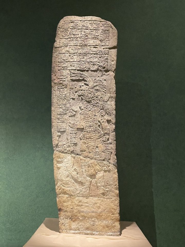 An exquisitely engraved Mayan stele.
