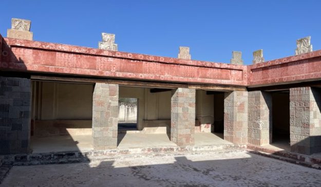 Courtyard and pillars at the Palace of Quetzalpapálotl, Mexico.