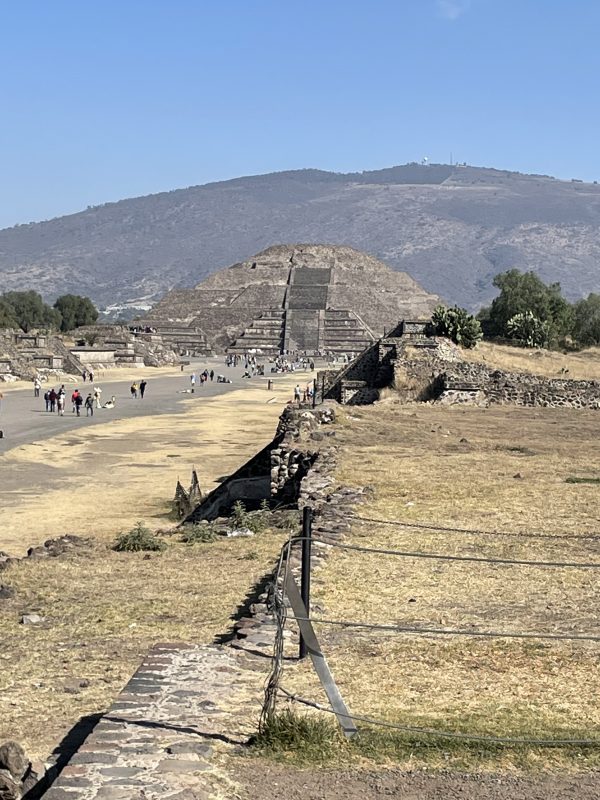 Pyramid of the Moon, the plaza, and the Avenue of the Dead viewed from the Pyramid of the Sun with the mountains in the background, Teotihuacán.