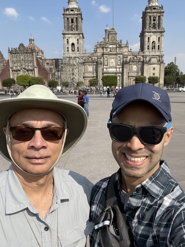 Jeet and I in the Plaza de la Constitucion with the Cathderal Metropolitana in the background, Mexico City. A selfie.