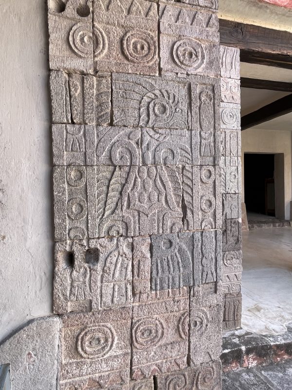 Stone relief and holes for obsidian pieces, Palace of Quetzalpapálotl, Teotihuacán, Mexico.