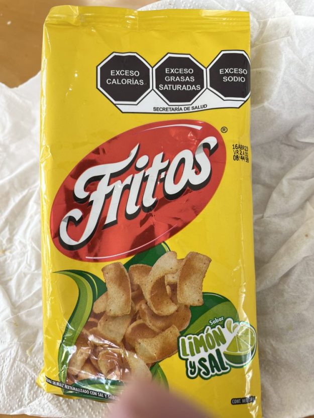 Health warning labels on potato chips in Mexico.