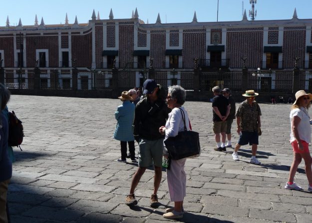 Waiting in the Plaza outside the Puebla Cathedral.