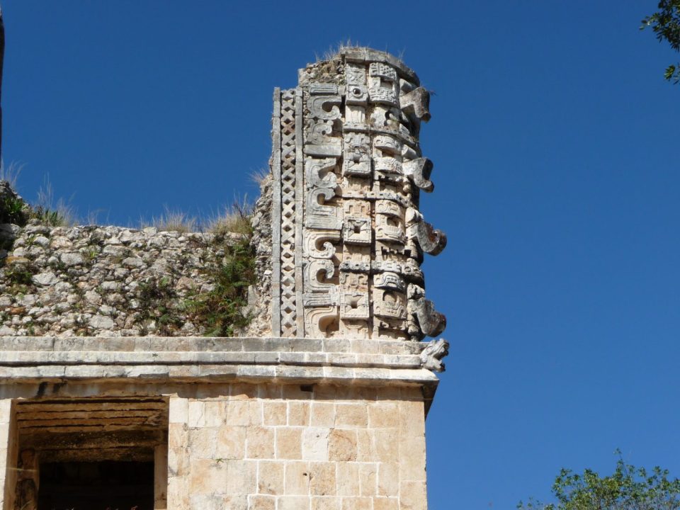 Chaak (the Rain God with the long nose) motifs on the buildings, Uxmal.