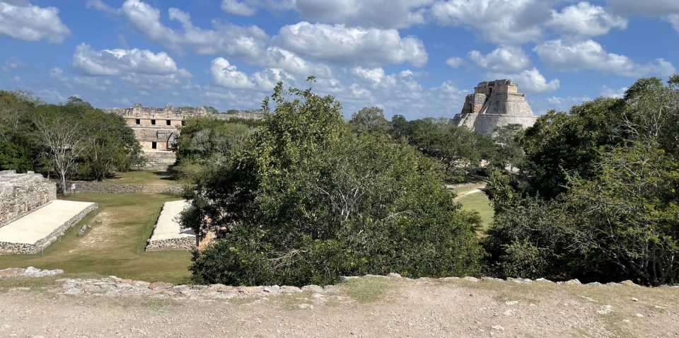 The Pyramid, Ball Court and Nunnery, Uxmal, Mexico.