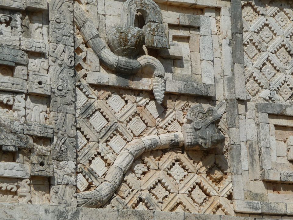 Quatzelcoatl or Kukulcan (the feathered serpent) motifs on the Nunnery. buildings, Uxmal.