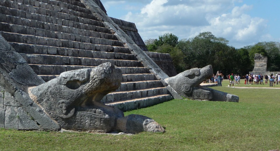 Feathered serpent heads, El Castillo, Chichen Itza.