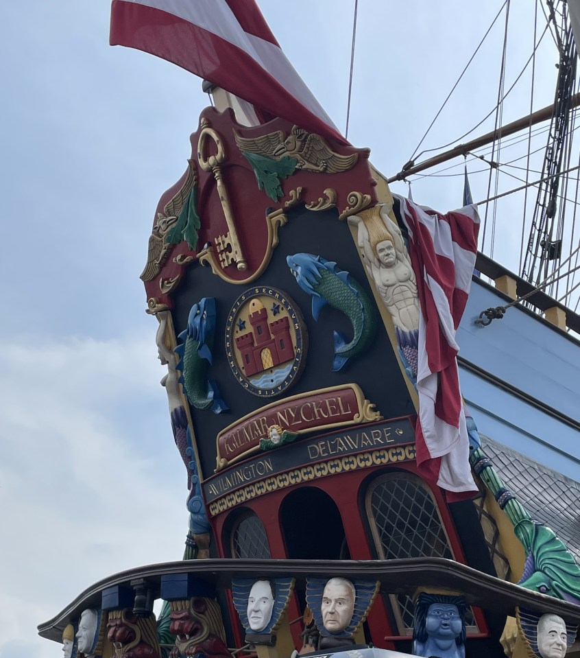 Closeup of the stern of the Kalmar Nyckel showing the ship's name.