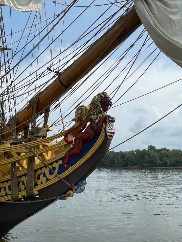 The two-tailed lion statue in front of the Kalmar Nyckel..