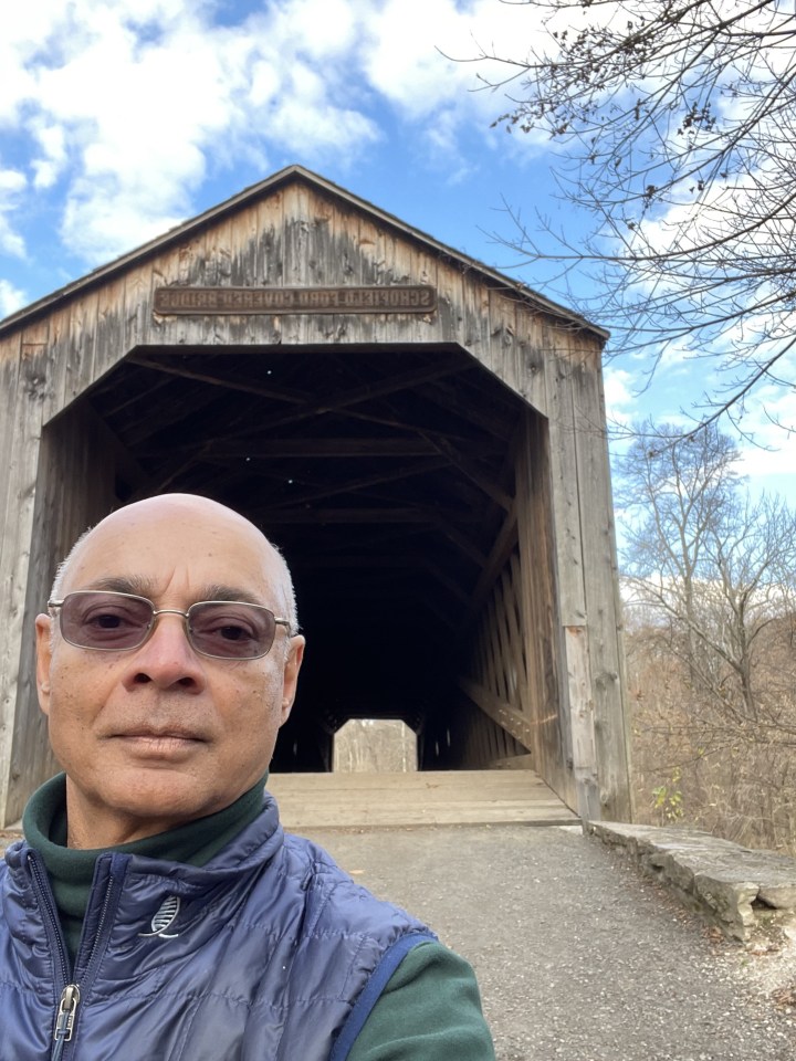 At the Schofield Covered Bridge three weeks later. The trees are bare.