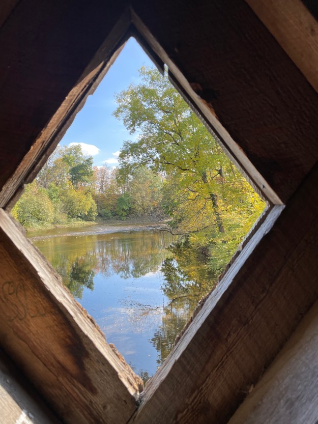 View through the diamond-shaped windows, Schofield Covered Bridge.