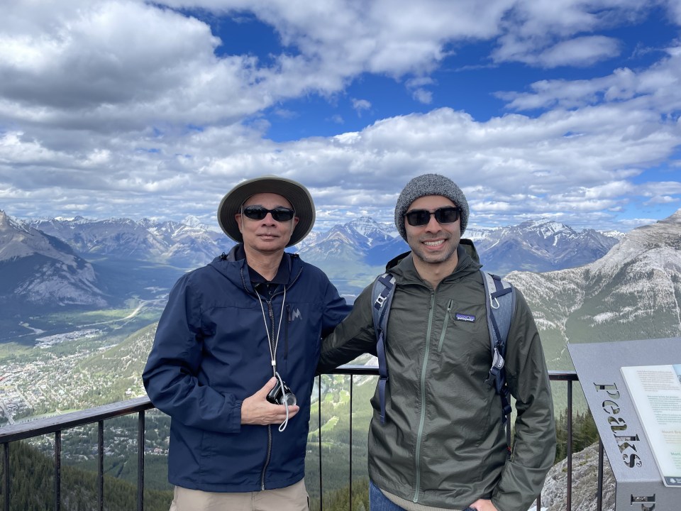 My son and I on the Sulfur Mountain boardwalk, Banff, Canada.