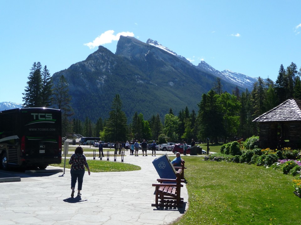 Cascade Garden, Banff, with a bear proof trash can in the foreground.
