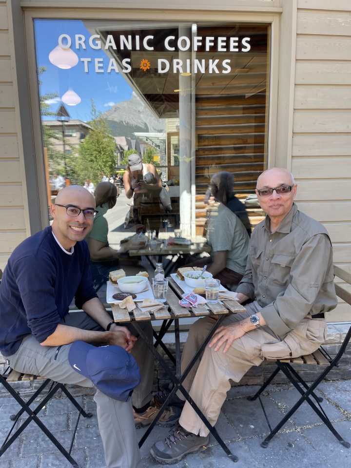 Lunch outdoors with my son in Banff, Canada.
