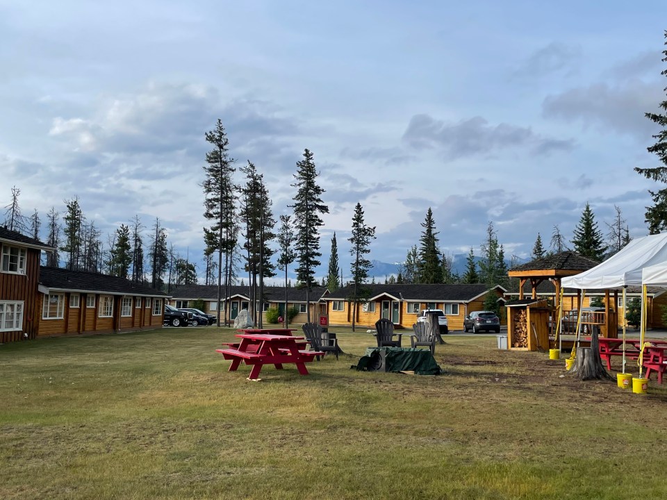 Our lodges surrounded by trees on the banks of the Athabasca River in Jasper National Park.