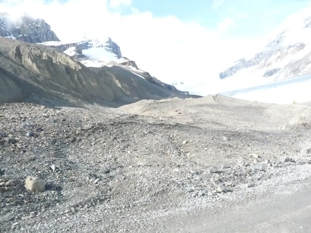 Rocks and rubble left behind by the retreating glacier, Columbia Icefield, Canada.